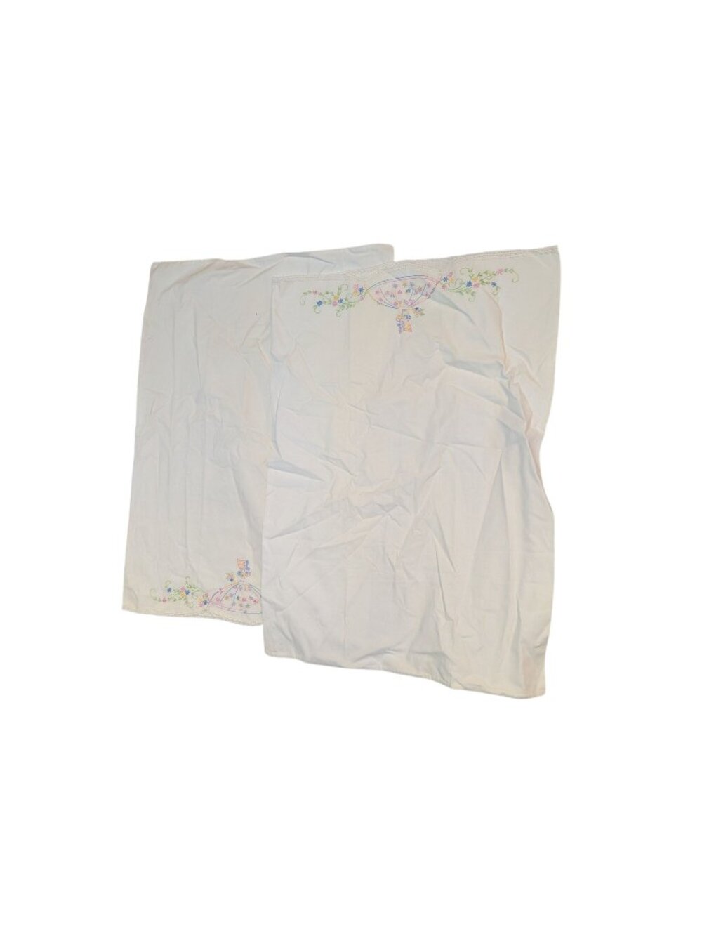 Vintage Hand-Embroidered Cotton Pillowcases With Floral & Lady Design Set Of 2 W
